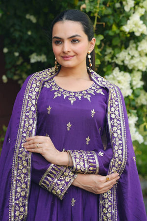 Violet Floral Embroidered Silk Anarkali Suits