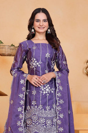 Violet Sequin with Embroidered Silk Sharara Suits