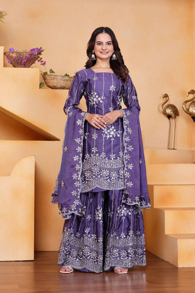 Violet Sequin with Embroidered Silk Sharara Suits