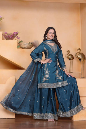 Turquoise Sequin with Embroidered Silk Sharara Suits