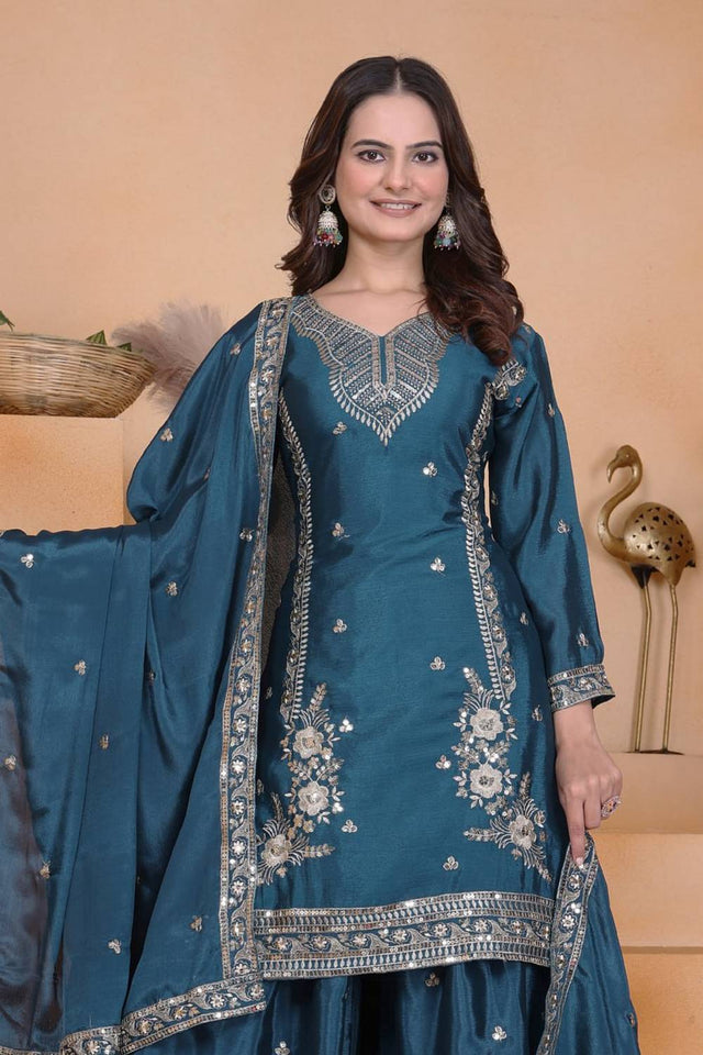 Turquoise Sequin with Embroidered Silk Sharara Suits