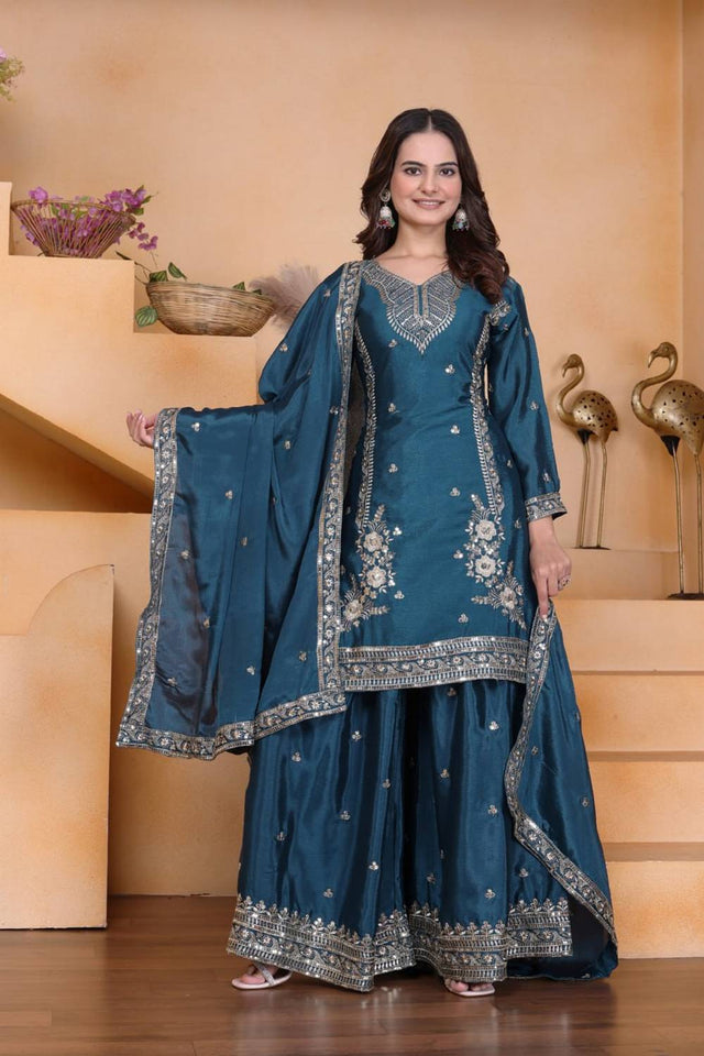 Turquoise Sequin with Embroidered Silk Sharara Suits