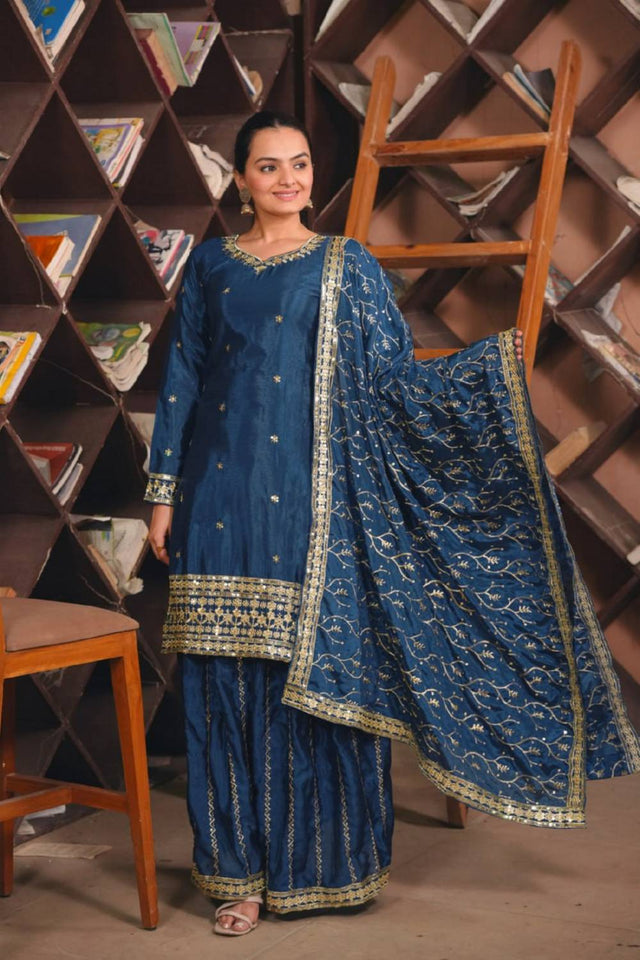 Blue Sequin with Embroidered Silk Sharara Suits