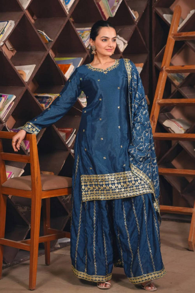 Blue Sequin with Embroidered Silk Sharara Suits
