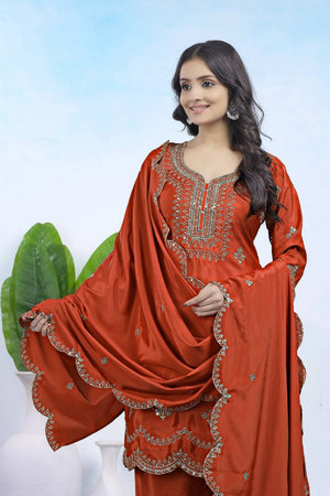 Orange Sequin with Embroidered Crepe Straight Cut Suits