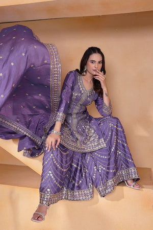 Lavender Sequin with Embroidered Silk Sharara Suits