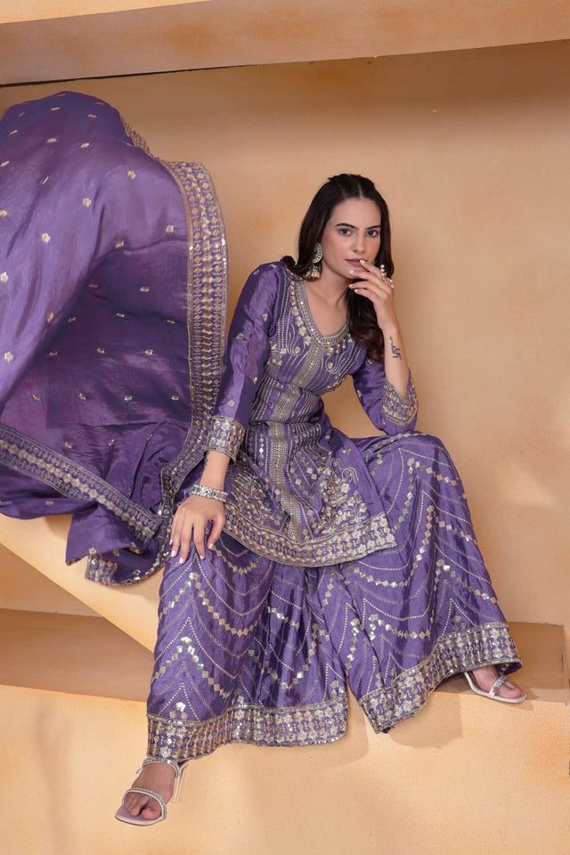 Lavender Sequin with Embroidered Silk Sharara Suits