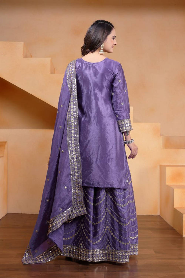 Lavender Sequin with Embroidered Silk Sharara Suits