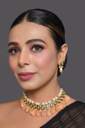 Peach Kundan & Beads Alloy Necklace Set