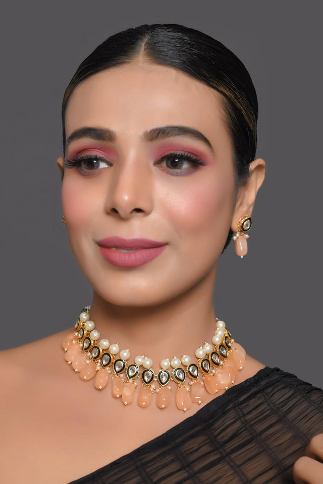 Peach Kundan & Beads Alloy Necklace Set