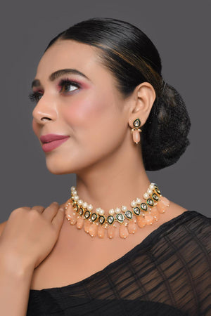 Peach Kundan & Beads Alloy Necklace Set