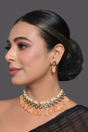 Peach Kundan & Beads Alloy Necklace Set