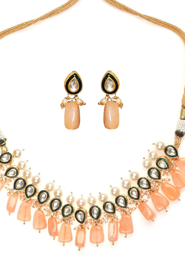 Peach Kundan & Beads Alloy Necklace Set