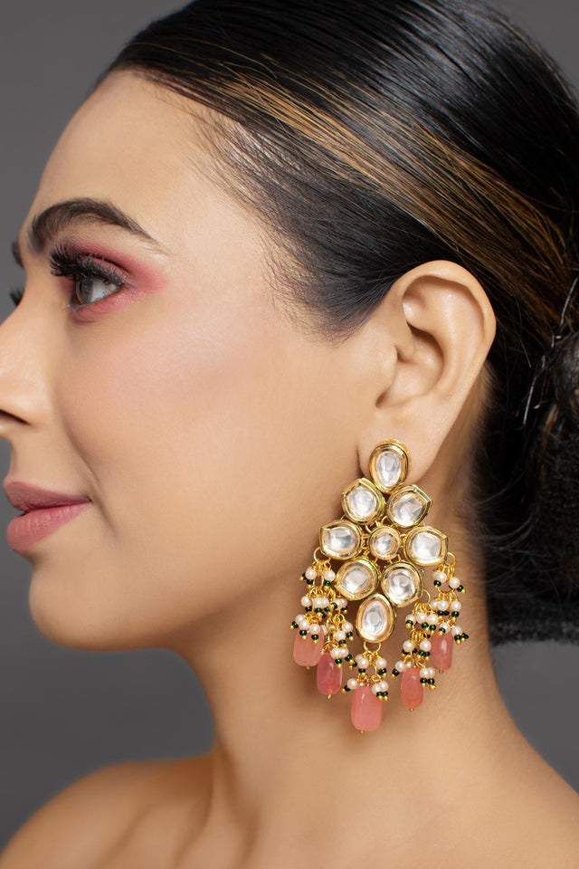 Peach Kundan & Beads Alloy Earrings
