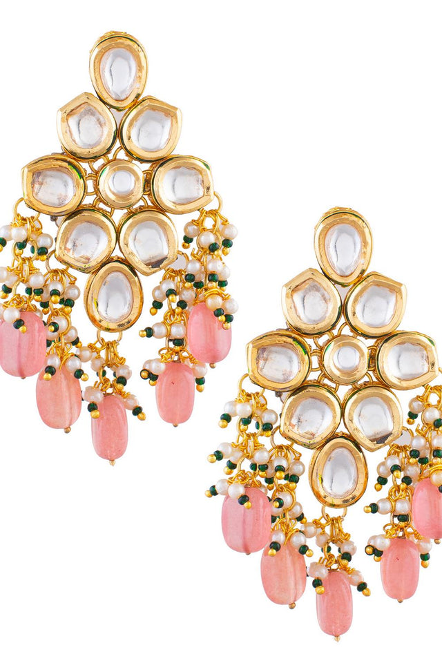 Peach Kundan & Beads Alloy Earrings