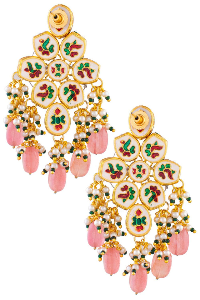 Peach Kundan & Beads Alloy Earrings