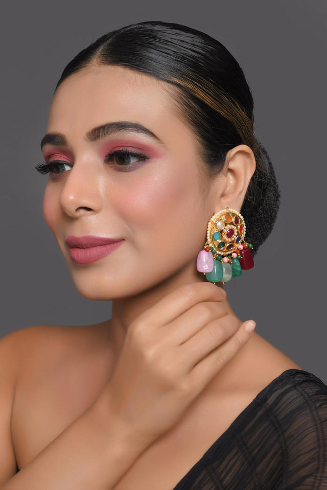 Multi Color Kundan & Beads Alloy Earrings