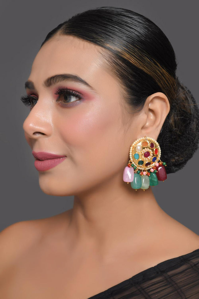 Multi Color Kundan & Beads Alloy Earrings
