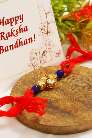 Red Gold Toned Blue Beaded Kundan Rakhi
