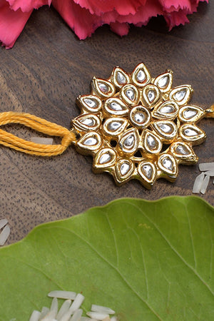 Yellow Gold Tone Floral Kundan Rakhi