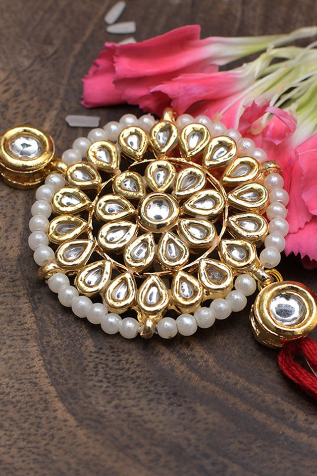 Yellow Gold Tone Floral Kundan Rakhi
