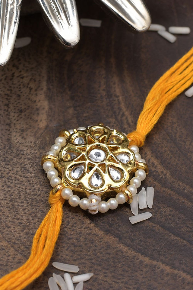 Kundan Floral Red Gold Tone Kundan Rakhi
