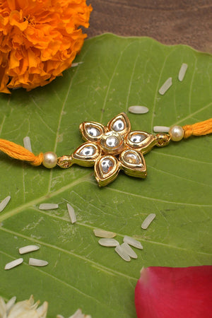 Yellow Gold Tone Floral Kundan Rakhi