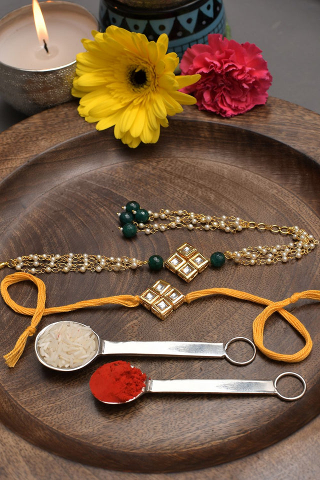 Handmade Kundan Rakhi & Lumba Set- Set Of 2