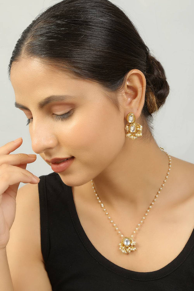 Golden Kundan Alloy Drop Necklace & Earrings Set