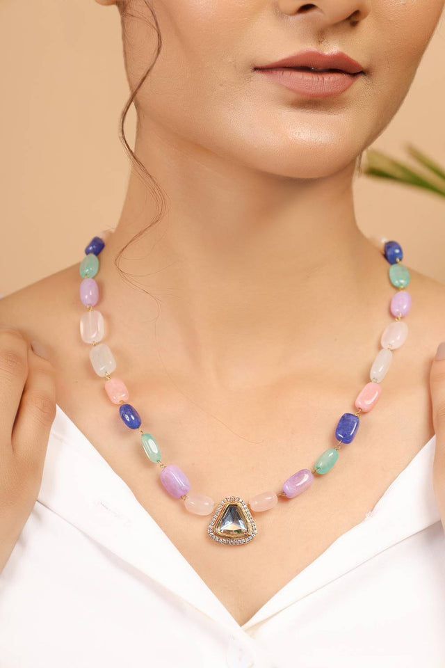 White Multicolored Kundan Brass Polki Necklace