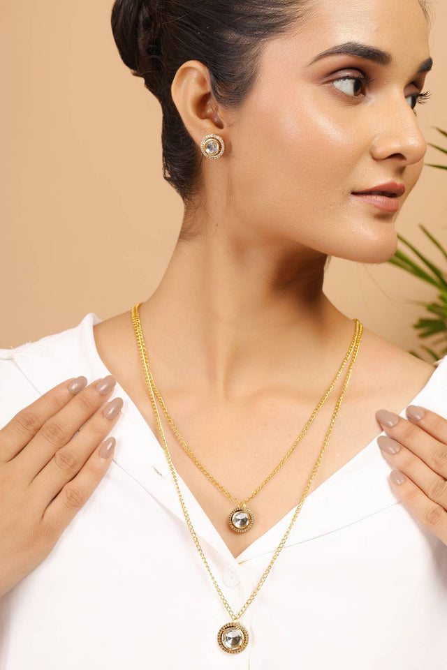 Golden Layered Kundan Brass Polki Necklace Set