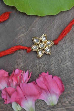 Kundan Floral Red Gold Tone Kundan Rakhi