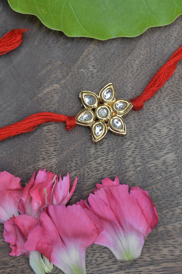 Kundan Floral Red Gold Tone Kundan Rakhi