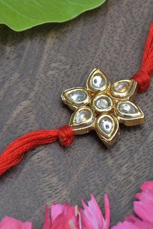 Kundan Floral Red Gold Tone Kundan Rakhi