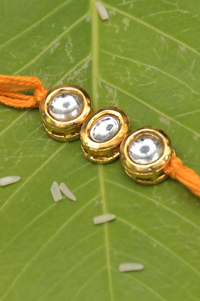 Yellow Orange Gold Tone Kundan Rakhi