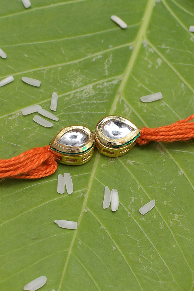 Orange Gold Tone Kundan Rakhi