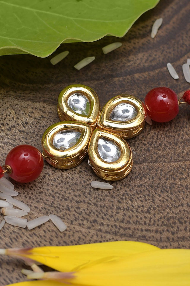 Kundan Floral Red Gold Tone Kundan Rakhi