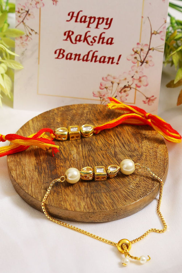 Gold-Toned Kundan Embellished Rakhi & Lumba Set - Set Of 2
