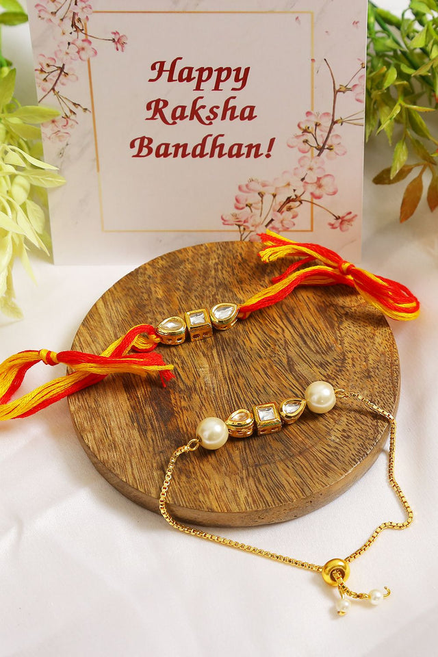 Gold-Toned Kundan Embellished Rakhi & Lumba Set - Set Of 2