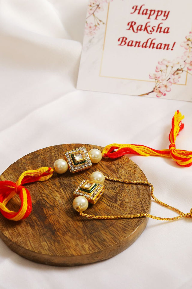 Handcrafted Studded Kundan Rakhi & Lumba Set- Set Of 2