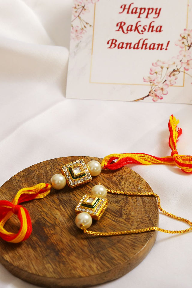 Handcrafted Studded Kundan Rakhi & Lumba Set- Set Of 2