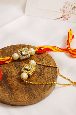 Handcrafted Studded Kundan Rakhi & Lumba Set- Set Of 2