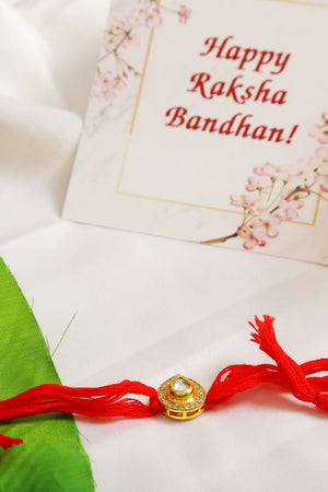 High Quality Kundan Studded Rakhi With Yellow Cotton Thread