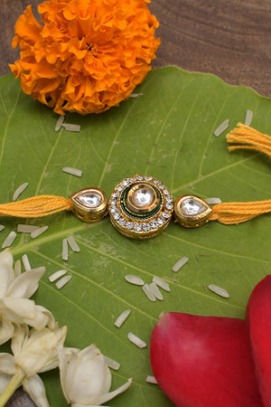 High Quality Kundan Studded Rakhi With Yellow Cotton Thread