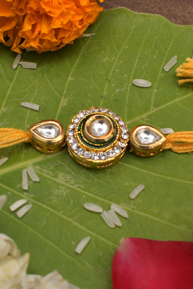 High Quality Kundan Studded Rakhi With Yellow Cotton Thread