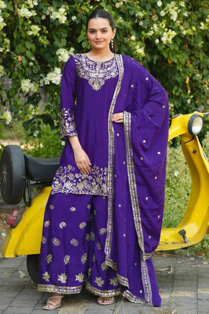 Blue Floral Embroidered Chinon Sharara Suits (FEN - 120)