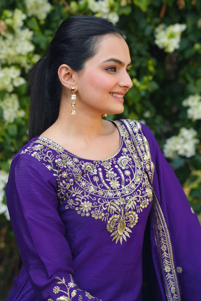 Blue Floral Embroidered Chinon Sharara Suits (FEN - 120)