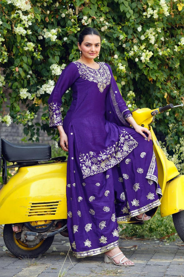 Blue Floral Embroidered Chinon Sharara Suits (FEN - 120)