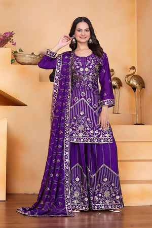 Violet Sequin with Embroidered Chinon Sharara Suit Set