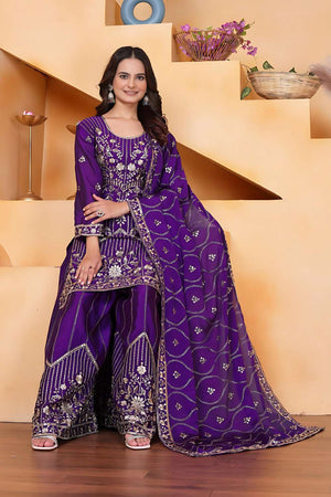 Violet Sequin with Embroidered Chinon Sharara Suit Set